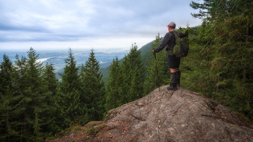 Vandrare med stavar, står på bergsklippa