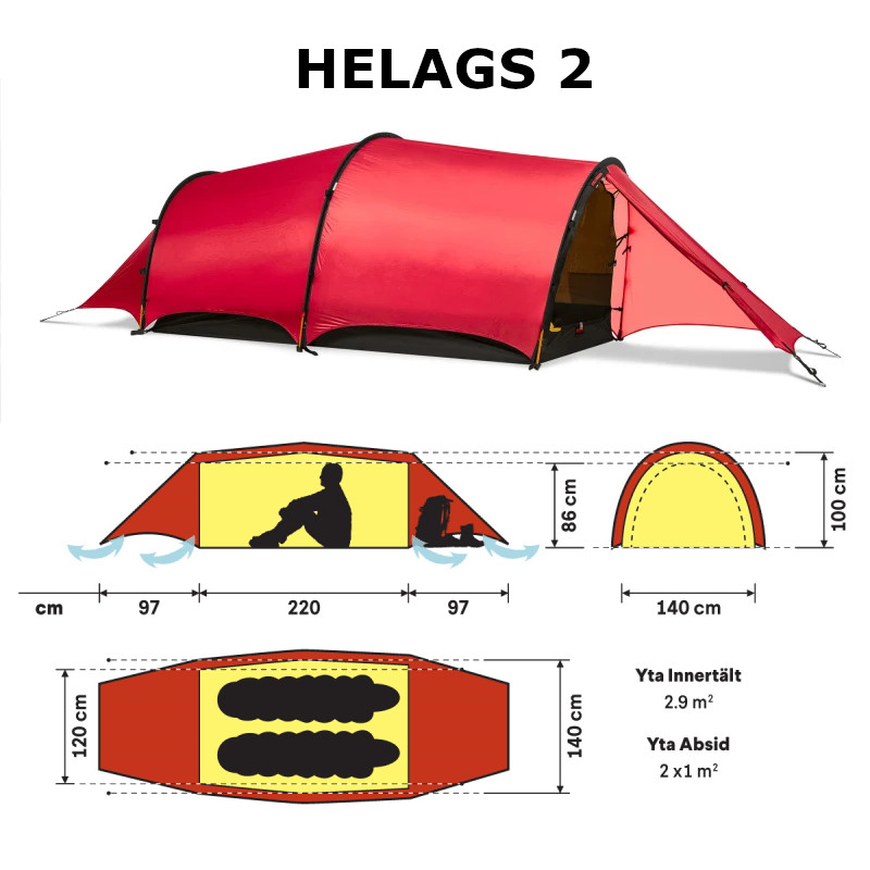 Hilleberg Helags 2 i röd färg. Mått på inner- och yttertält visas