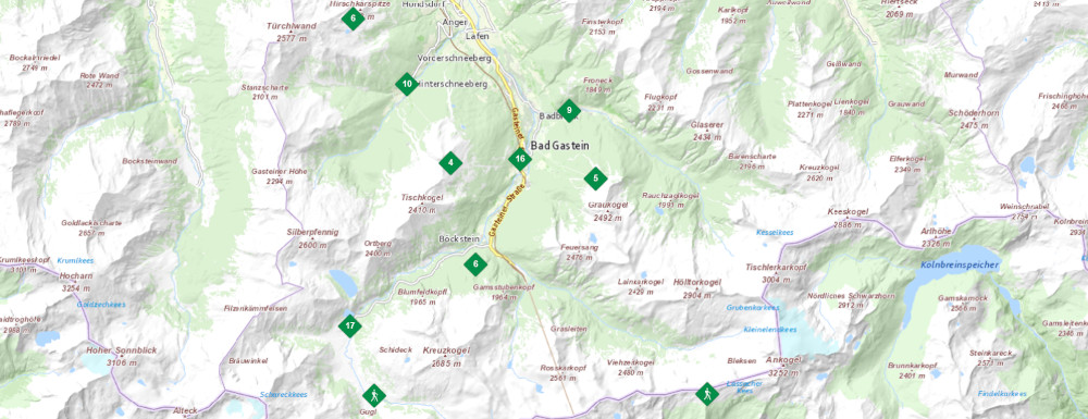 Karta med vandringsleder i Bad Gastein
