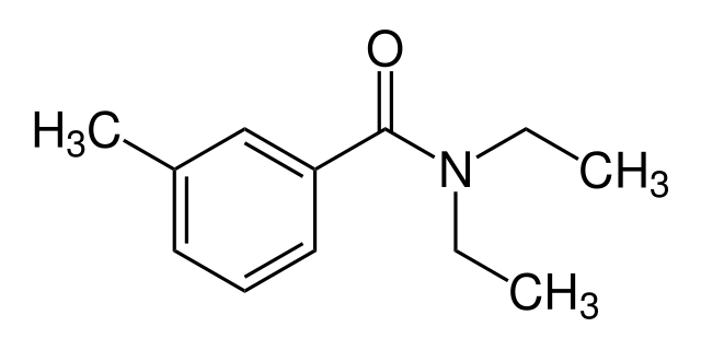 Molekylstruktur för N,N-dietyl-meta-toluamid (DEET, myggmedel)