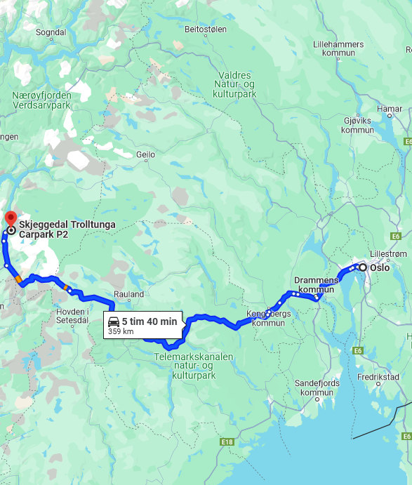 Karta över rutt med bil från Oslo till Trolltunga parkering i Skjeggedal