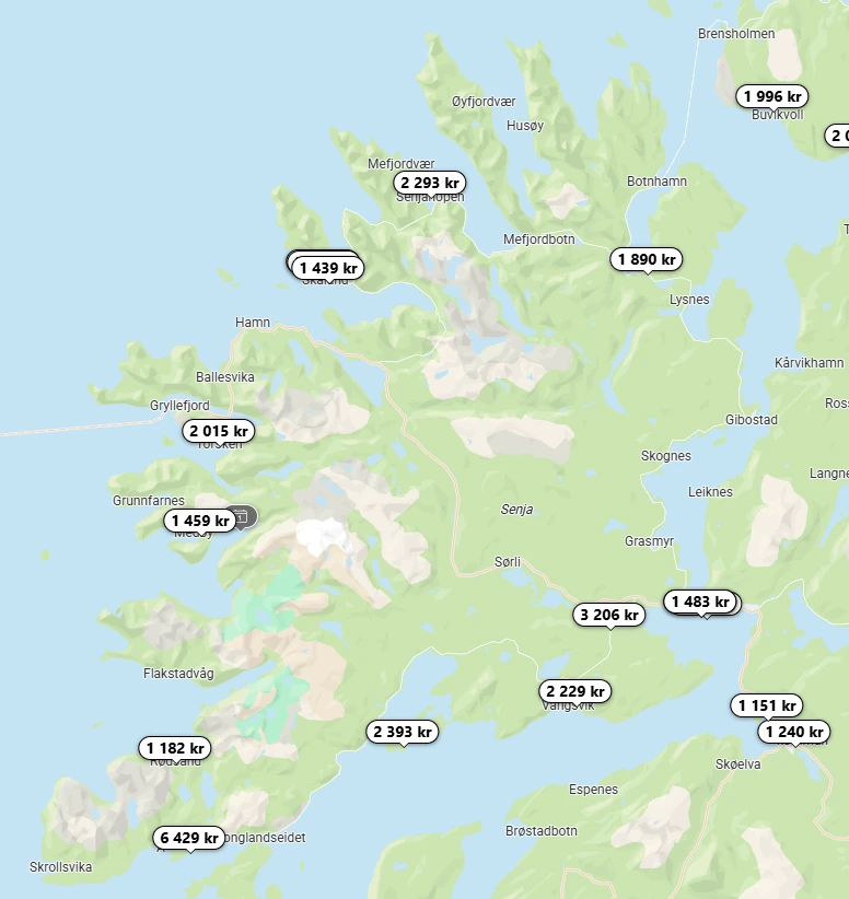 karta med boenden på Senja