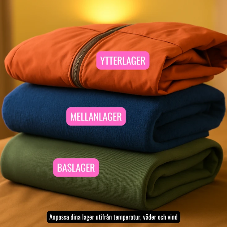 tre lager med tröjor för friluftsliv, baslager - mellanlager - ytterlager