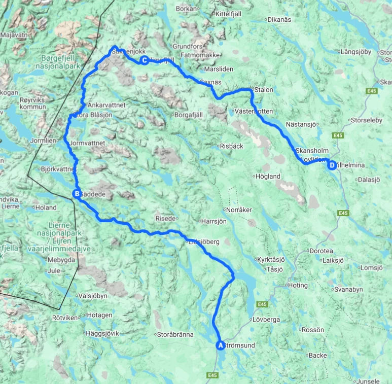 Vildmarksvägens sträckning mellan Strömsund-Gäddede-Klimpfjäll-Vilhelmina, en populär bilväg för fjällturister varje sommar, total sträcka är 50 mil