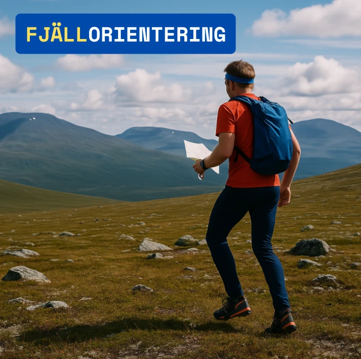 fjällorientering, en man springer på fjället med karta och kompass